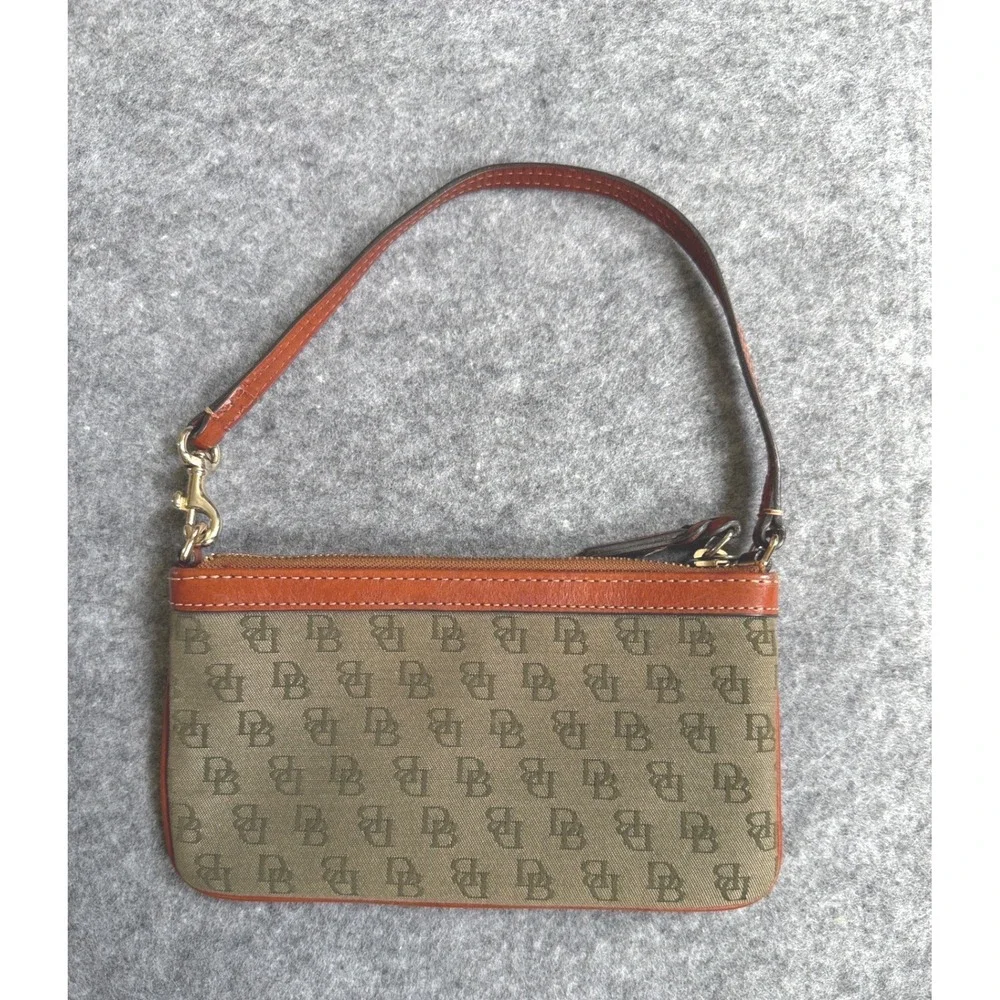 Dooney & Bourke Signature DB Logo Canvas Leather Wrislet Clutch Brown